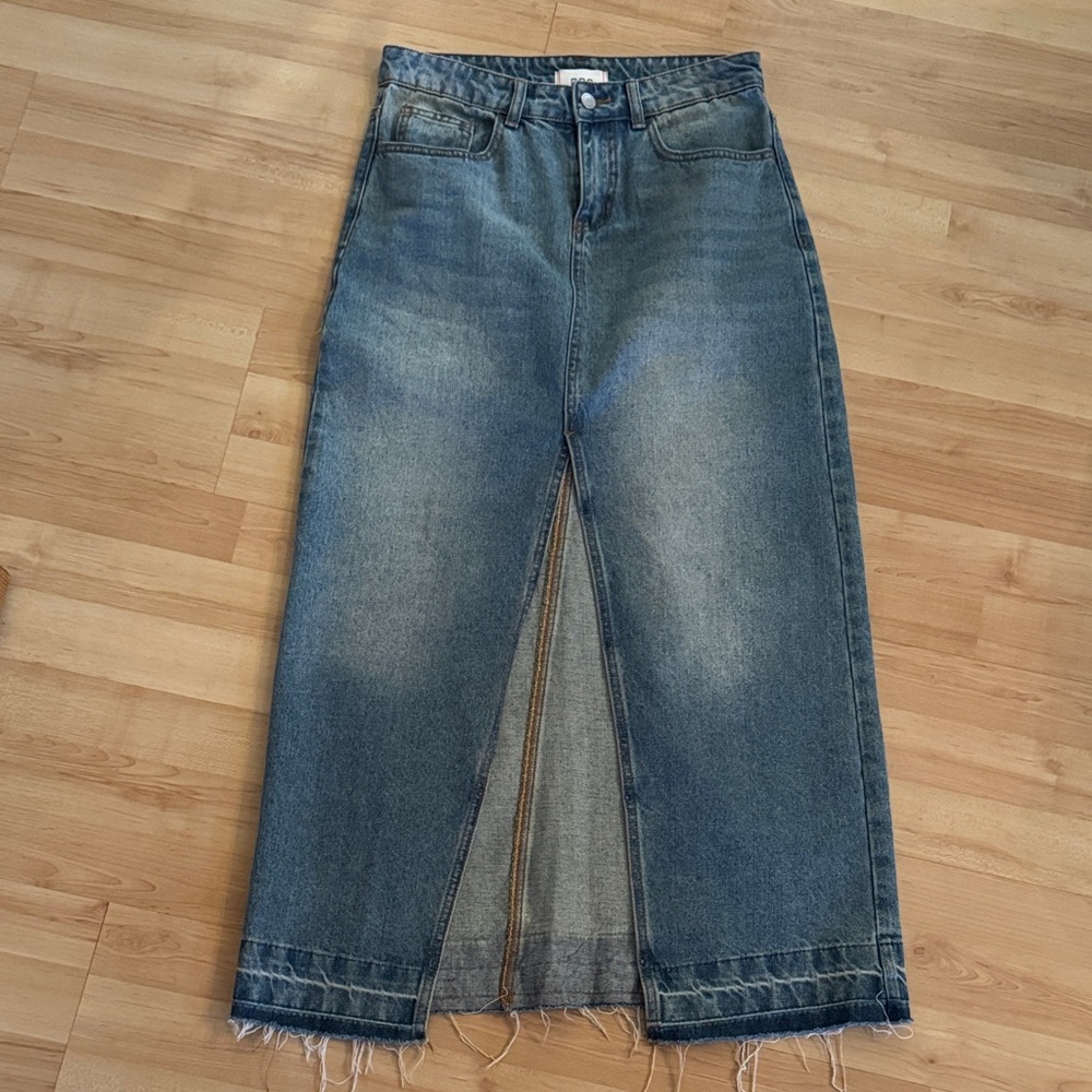 BDG Washed Blue Denim Midi Skirt with Front Slit